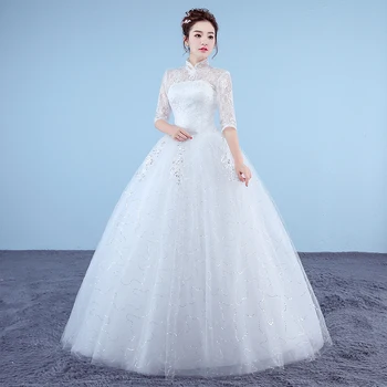 Vita Prinsessan Billiga Flickor Bröllop Klänningar 2020 Nya koreanska Stil Retro Lace Halv Ärm Hög Hals Brudklänning vestido de noiva