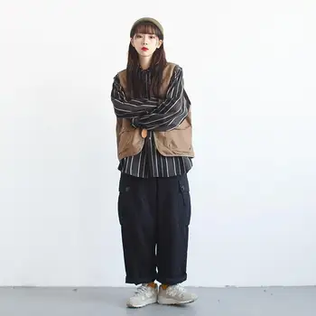 Västar Kvinnor Chic Japan Stil Retro Unisex Last Fritid Sommaren Tonåringar Gröda Jacka Mode Pocket Design för Alla-match Dam Väst Nya