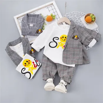 Våren Hösten Barn Casual Kläder Unge Pojken Gallret Passar Skjorta Byxor 3st/set Baby Infant Mode, Kläder för Barn Sportkläder