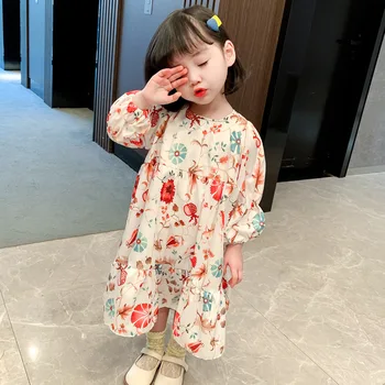 Våren Sommaren 2021 Nya Tjejen är Blommig Chiffong Klänning Baby Girl Kläder Mode Lös Flickor festklänningar DT333