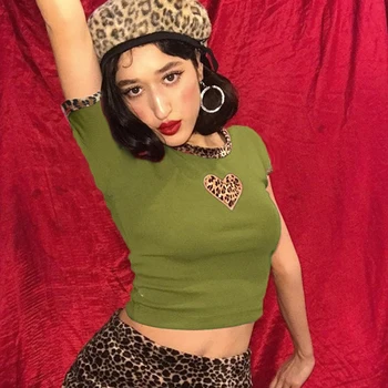 Weekeep Kvinnor Leopard Lapptäcke Kort Ärm tshirt Beskuren O-neck High Street t-shirt Kvinnor 2019 Sommaren Sexiga Crop Top