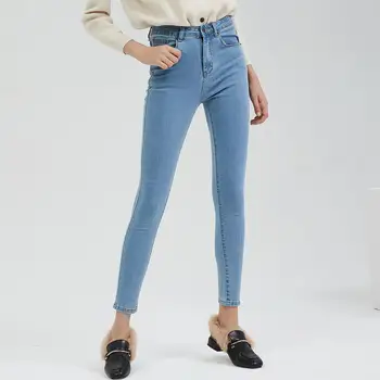 Wixra Grundläggande Jeans Vintage Passform Med Hög Midja Sträckte Jeans-Femme Kvinnor Tvättade Blå Denim Spinkig Klassisk Penna Byxor Byxor