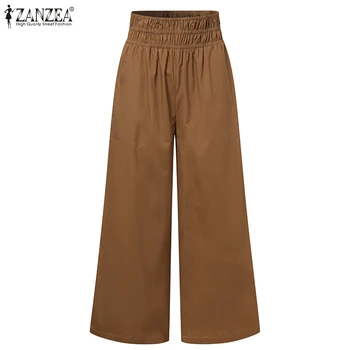 Womens Autumn Wide Leg Pants ZANZEA High Elastic Waist Trousers Casual Cotton Maxi Bottom Female Solid Pocket Pant Plus Size 5XL