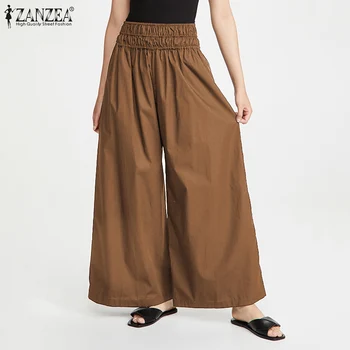 Womens Autumn Wide Leg Pants ZANZEA High Elastic Waist Trousers Casual Cotton Maxi Bottom Female Solid Pocket Pant Plus Size 5XL