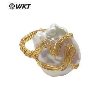 WT-R346 Kvinnor bohemiska handmake guld tråd lindad pärla ring oregelbundna sötvatten guld pärla ring