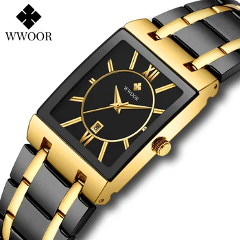 WWOOR Varumärke Lyx Guld Armband för Män Klockor Fashion Square Quartz armbandsur För Män i Rostfritt Stål Vattentät Reloj Hombre