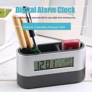 XNCH Office Desktop Lagring pennhållare Verktyg Namn Kort Behållare Med Digital Alarm Clock Timer Kalender Temperatur Termometer