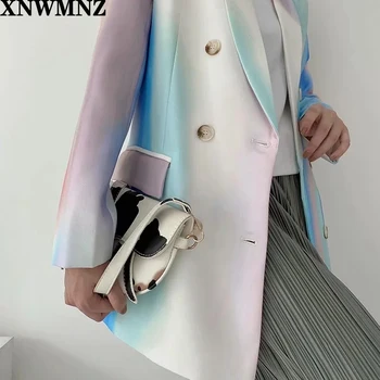 XNWMNZ za Kvinnor 2020 Mode dubbelknäppt Tie-dye Skriva ut Kavaj Päls Vintage Lång Ärm Fickor Kvinnor Ytterkläder Chic Toppar