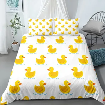 Yellow Duck Cartoon Sängkläder Set Djur Print Mjuk Mucrofiber Påslakan 2/3 Bit Sängkläder Set Drottning Kung Dubbel Påslakan