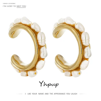 Yhpup Mode C Form Örat Ben Ear Clip för Kvinnor Eleganta Naturlig Pärla Ingen Piercing Trendiga Örhängen i Metall Årsdagen Gåva 2020