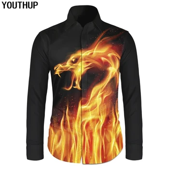 YOUTHUP 2020 Våren Shirts Män 3D-Print Fire Dragon Slim Fit Skjortor Casual Hip Hop Cool Tröja Lång Ärm Män Blus Streetwear