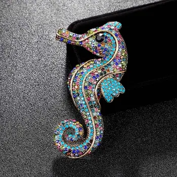 Zlxgirl Stor storlek Österrikiska crystal seahorse djur broscher pins-Årsjubileum Smycken metall legering män mode hijab tillbehör