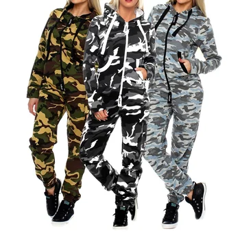 ZOGAA Hösten Kvinnor Casual Träningsoverall Militära Kamouflage Dragkedja och Huva Tröja+Byxor 2 Stycken Set Kvinnliga Smal Sweatsuit