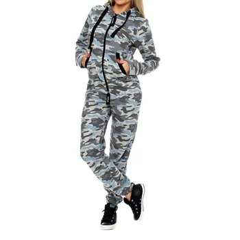 ZOGAA Hösten Kvinnor Casual Träningsoverall Militära Kamouflage Dragkedja och Huva Tröja+Byxor 2 Stycken Set Kvinnliga Smal Sweatsuit
