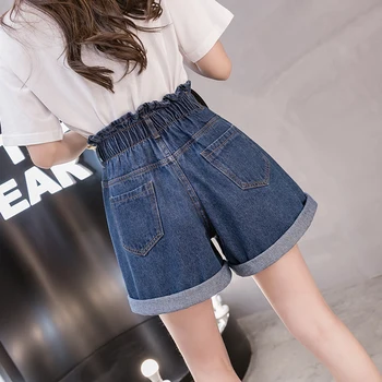 Zoki Plus Size Kvinnor Denim Shorts Elastisk Hög Midja Lös koreanska Korta Jeans, Casual Mode-Knappen Blå Brett Ben Shorts 5XL