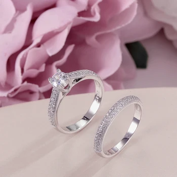 Äkta 925 Silver Ringar Till Kvinnor Enkel Dubbel Stapelbara Fina Smycken Bruduppsättningar Ring Bröllop Engagemang Tillbehör