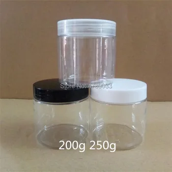 200ml i Transparent Plast Grädde Burkar Med Svart/Vit Plast Lock Burk Mask kosmetiska behållare 250g PET Burkar kosmetiska förpackningar