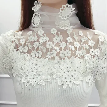 2019 koreanska Mode vinterkläder Nya Tunn Stickad Polotröja Lace Blomma Klänning Skjorta Skräddarsydda tröja Kvinnor Kvinnliga Trasa för flicka