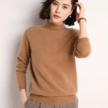 2020 Nya Hälften Polotröja Tröja Mjuk Tröja Kvinnors Höst Vinter Lös Ull Tröja koreanska Tröja Kvinnliga varm tröja, Rosa