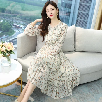 2021 Höst Vinter Vintage-Midi-Dress Koreanska Plus Size Blommig Chiffong Boho-Klänning Eleganta Kvinnor Part Lång Ärm Casual Vestidos