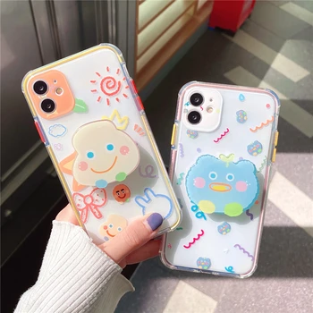 3D Söt koreansk Tecknad Hållare Stå Phone Case För iPhone 12 11 Pro XS Max XR X 7 8 Plus SE 2020 Mjuk TPU Klart Full Back Cover