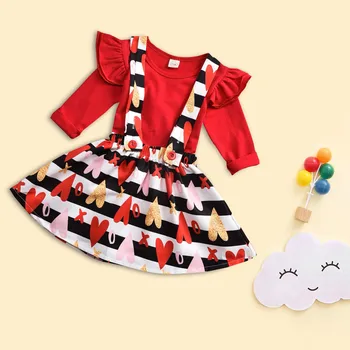 #50 Barn Baby Girl Kläder Satt Nyfödda Kid alla Hjärtans Dag-Lång Ärm Bomull med Volanger Toppar+hjärta Suspender Kjolar Outfits Set