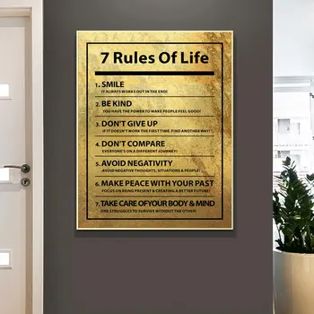 7 Regler i Livet Motiverande Citat Canvas Tavla på Väggen Golden Affisch Inspirerande Vägg Konst Bild Vardagsrum Inredning