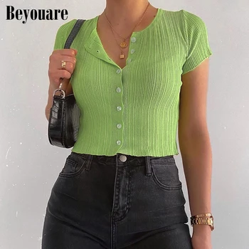 Beyouare Multi-färg Rynkad Crop Top Kvinnor Sommar Kort Klänning Knappen Slim Skinny Stretchig Ledig och Elegant Mode T-shirts