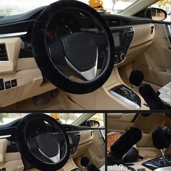 Bil 3 Passar Fluffig Plysch Bilens ratt Omfattar Kit för Universell Storlek ca 38 cm med Handbromsen Omslag & Gear Shift Lock