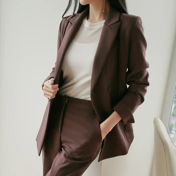 Casual färg kvinnors professionella byxor passar tvådelad hög kvalitet Hösten dubbelknäppt ladies jacket Eleganta byxor