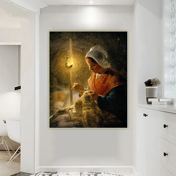 Citon Jean Francois Millet《Kvinna Sömnad av lampas ljus》Duk Konst oljemålning Konstverk Bild Wall Decor Bakgrund heminredning