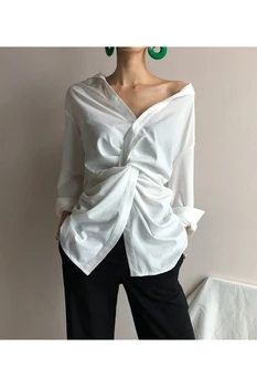 DEAT 2021 nytt vårmode kvinnor kläder Oregelbundna V Bly-Shirt Våren Kläder asymmetrisk koreansk flicka shirt WD75300L