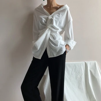 DEAT 2021 nytt vårmode kvinnor kläder Oregelbundna V Bly-Shirt Våren Kläder asymmetrisk koreansk flicka shirt WD75300L