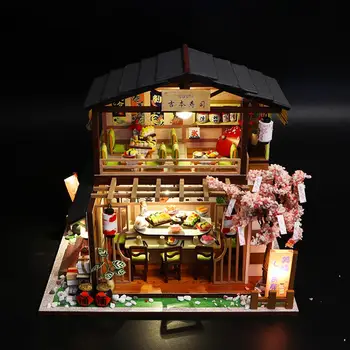 DIY Dockskåp i Trä Kit 3D Monteras Sushi Shop Handgjorda Hus Mini Stuga För Jul, Födelsedag, alla Hjärtans Dag Present Madera