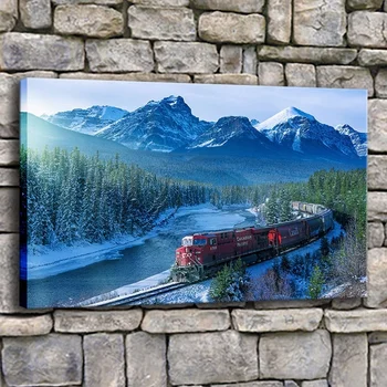 Duk Målning Heminredning 1 Bit Tåg Kanada, Alberta I Bergen Bilder Utskrifter Vinter Skog River Affisch Wall Art