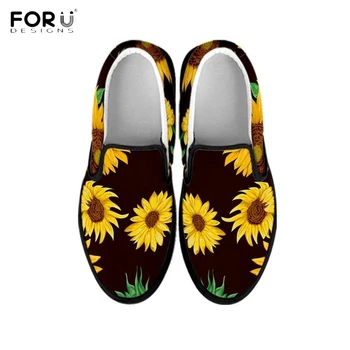 FORUDESIGNS Gul Solros Blommig Sun Flower Mönster Skor Kvinna Zapato De Mujer 2019 Bekväm Avslappnad Flats Skor för Kvinnor
