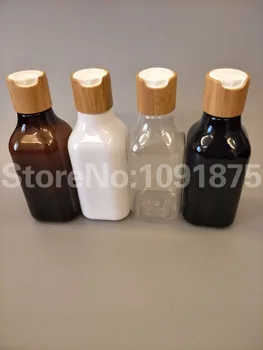 Fri frakt 10st/mycket 200ml vit svart brun klar färg PET-flaska med bambu skiva ovanpå locket för kosmetiska paket