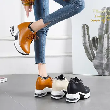 Fujin Läder Kvinnor Sneakers Plattform Chunky Skor Kil Ökade Hälen Andas Bekväm Spetsar Kvinnor Skor Vulkaniserat
