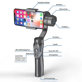 H4 Handhållen Gimbal Stabilisator 3 Axis Video Recorder Hållare Åtgärder Kameran ansiktsigenkänning Smartphone Stabilisator med Stativ