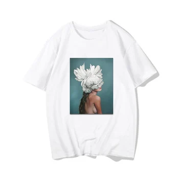 Harajuku Estetiska Fjäder Blommor tryck T-shirt Mode för Kvinnor T-Shirts Modell fotografering mönster skjortor top streetwear