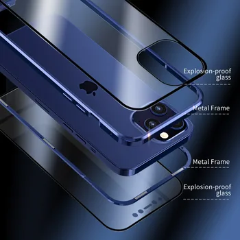 Hela Kroppen Magnetiska Case För iPhone 12 Pro Max Fall Lyx Metall Aluminium Bumper Flip Case för iPhone 11Pro Transparent Glas 360