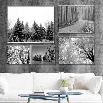 Heminredning Print Canvas Bild Wall Art Målningar i Olja utan ram Ritningar Black och white forest snow landskap