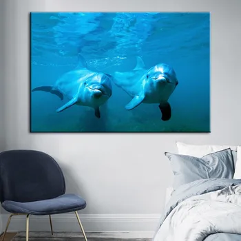Heminredning Väggen Konstverk Nordisk Stil Delfiner Affischer HD Tryckt Duk Målning Modulära Bilder För Sängen Bakgrund
