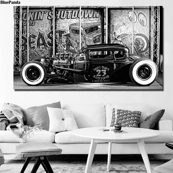 Hot Rod Bil, Vintage Svart Och Vit Affisch Målningar På Duk Modern Konst Dekorativa Vägg Bilder Heminredning