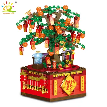 HUIQIBAO 566Pcs Kinesiska Traditioner Välsignelse Orange Tree Roterande Music Box byggstenar Tekniska Tegel Uppsättning Leksaker för Barn