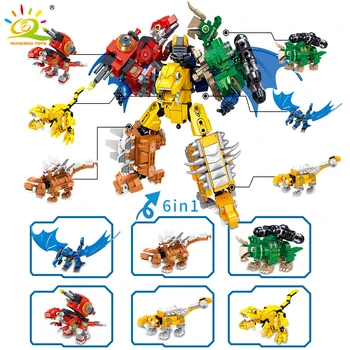 HUIQIBAO Jurassic Dinosaurie byggstenar 670pcs 6in1 Dino Mecha Leksaker Stad-Serien Robot Modell Tegel Ställa för Barn Barn Gift