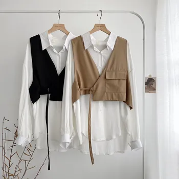 Höstens nya mode-alla-match solid färg bantning shirt + vest pocket jacka tvådelad dräkt kvinnor