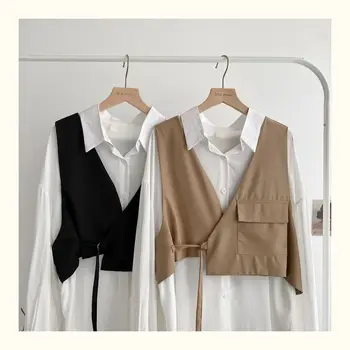 Höstens nya mode-alla-match solid färg bantning shirt + vest pocket jacka tvådelad dräkt kvinnor