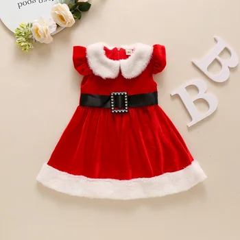 Julen Flickor Klä med Bälte Höst Vinter Spädbarn Kläder Sammet Baby Party Dress Ruffle Santa Barn Xmas Kostym som Passar Q30