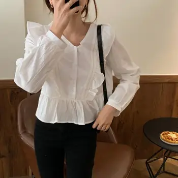 Koreanska Chic Mode Kläder Hösten Dam Lång Ärm Söta Söta Flickor Ruggig Enda Breasted Solid Vit-Svart-Shirts Toppar